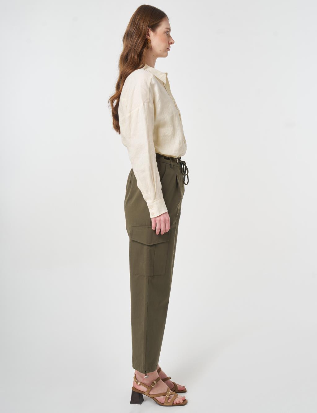 High-Waist Cargo Pocket Trousers Dark Khaki