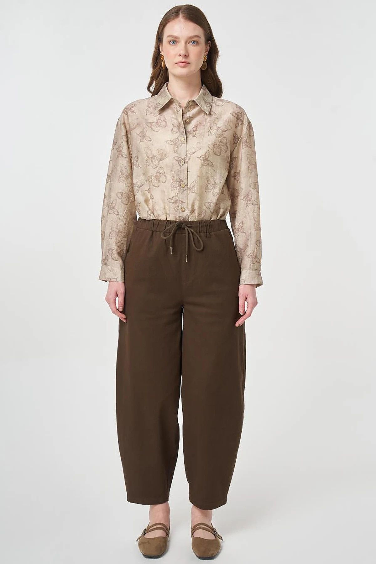 Elastic Waist Carrot Cut Trousers Chocolate