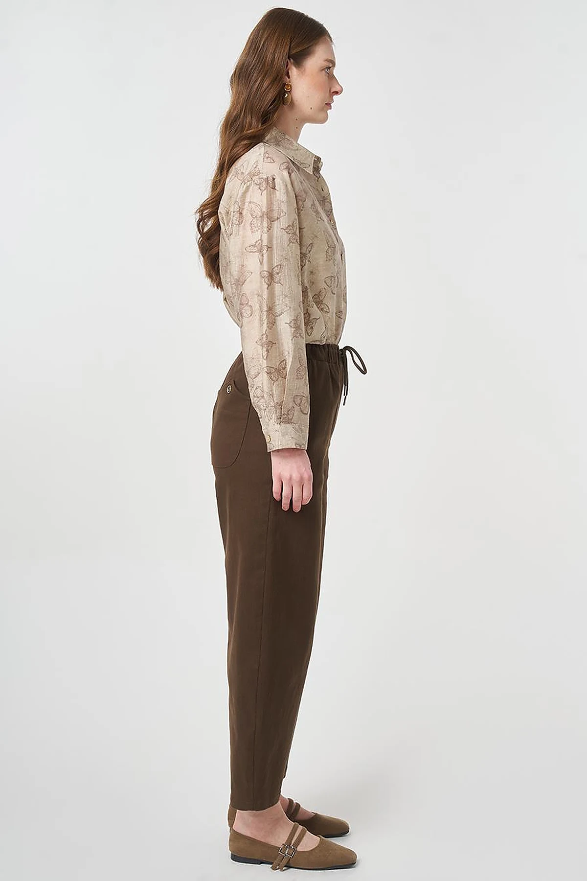 Elastic Waist Carrot Cut Trousers Chocolate