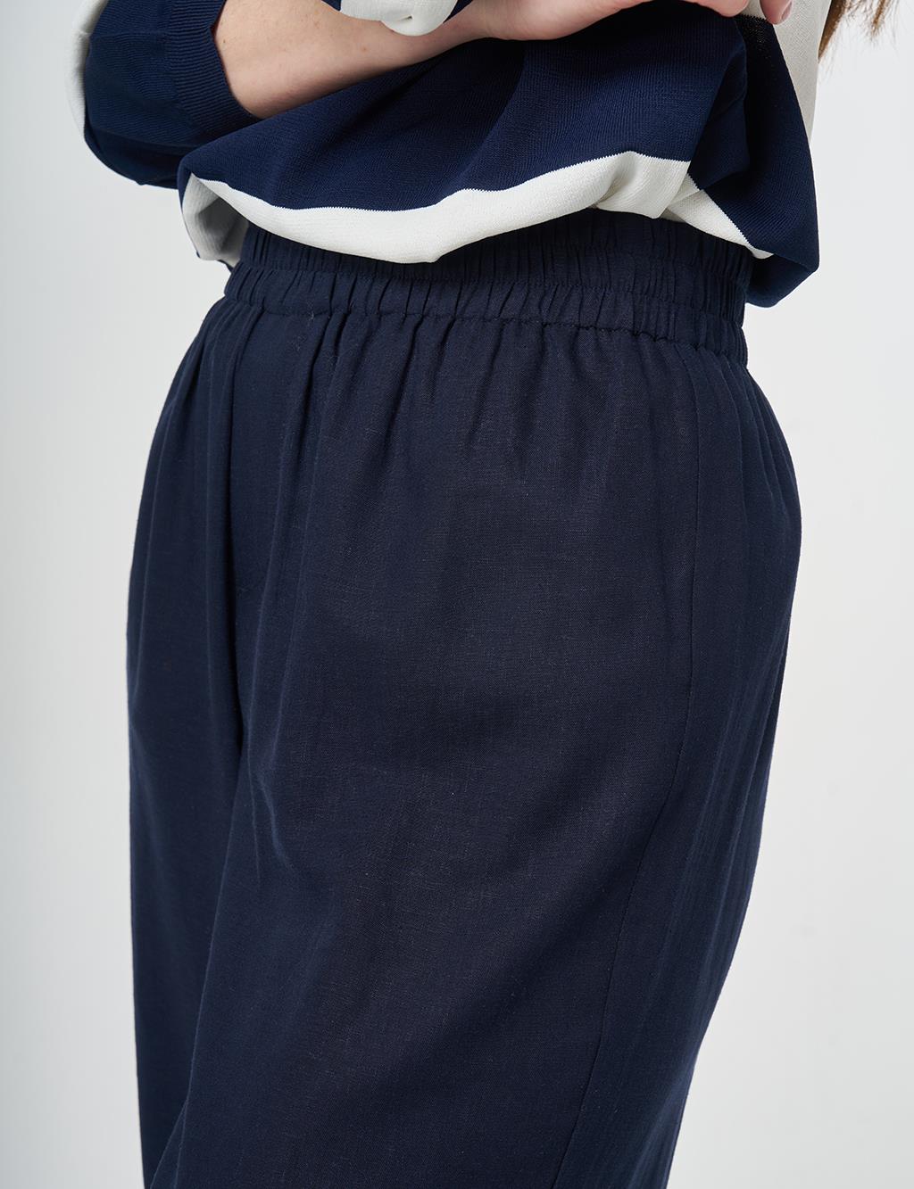Elastic Waist Linen Trousers Dark Navy
