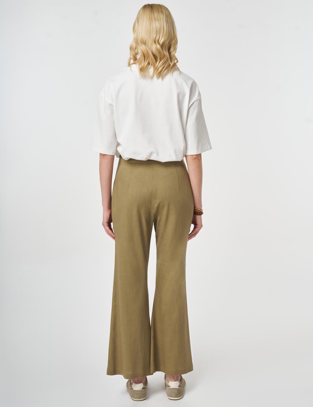 Flared Linen Trousers Dark Khaki
