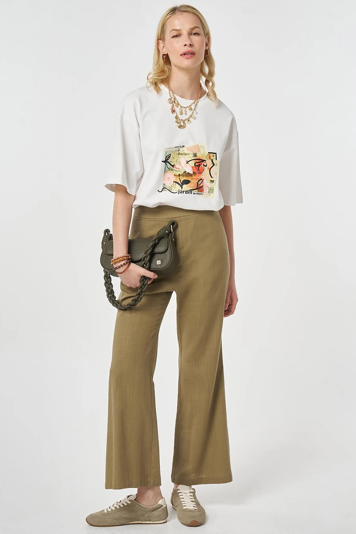 Flared Linen Trousers Dark Khaki