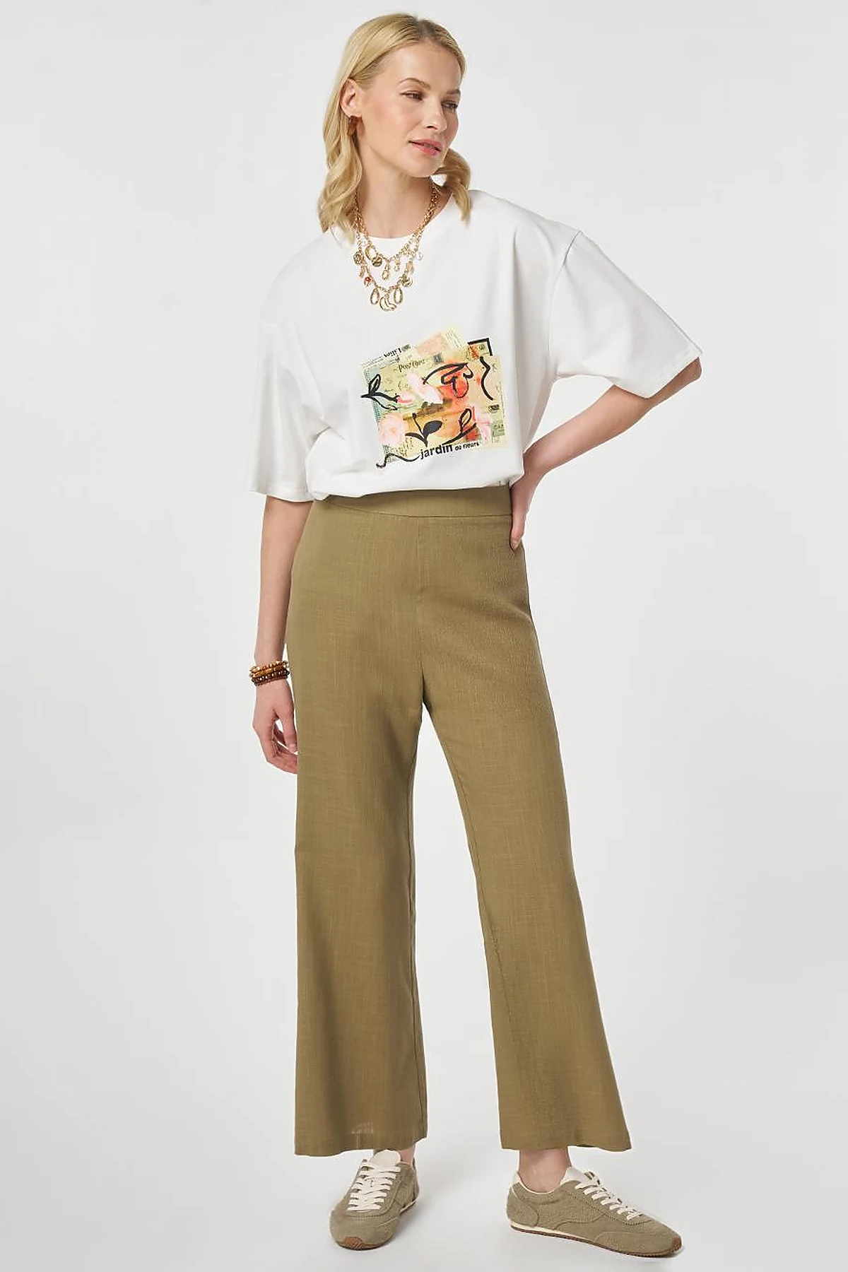 Flared Linen Trousers Dark Khaki