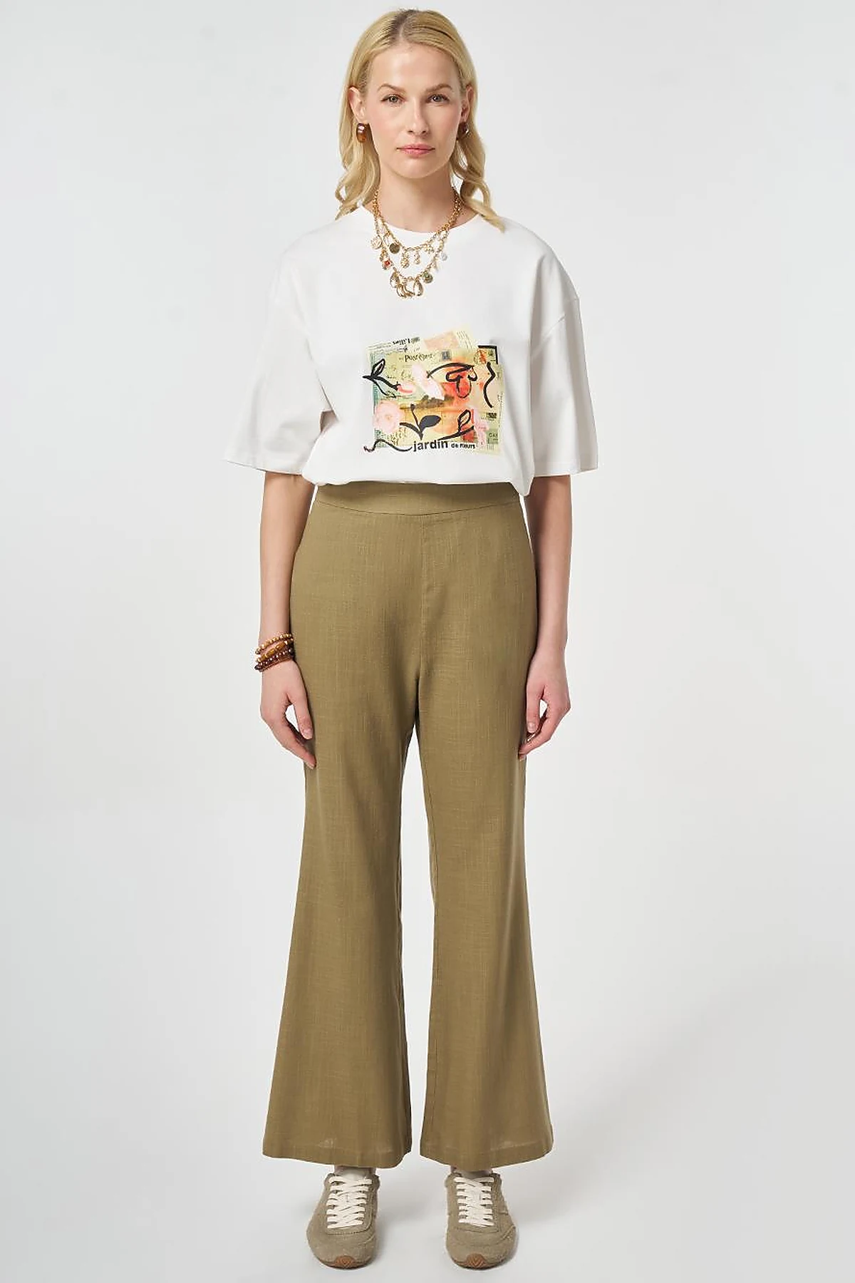 Flared Linen Trousers Dark Khaki