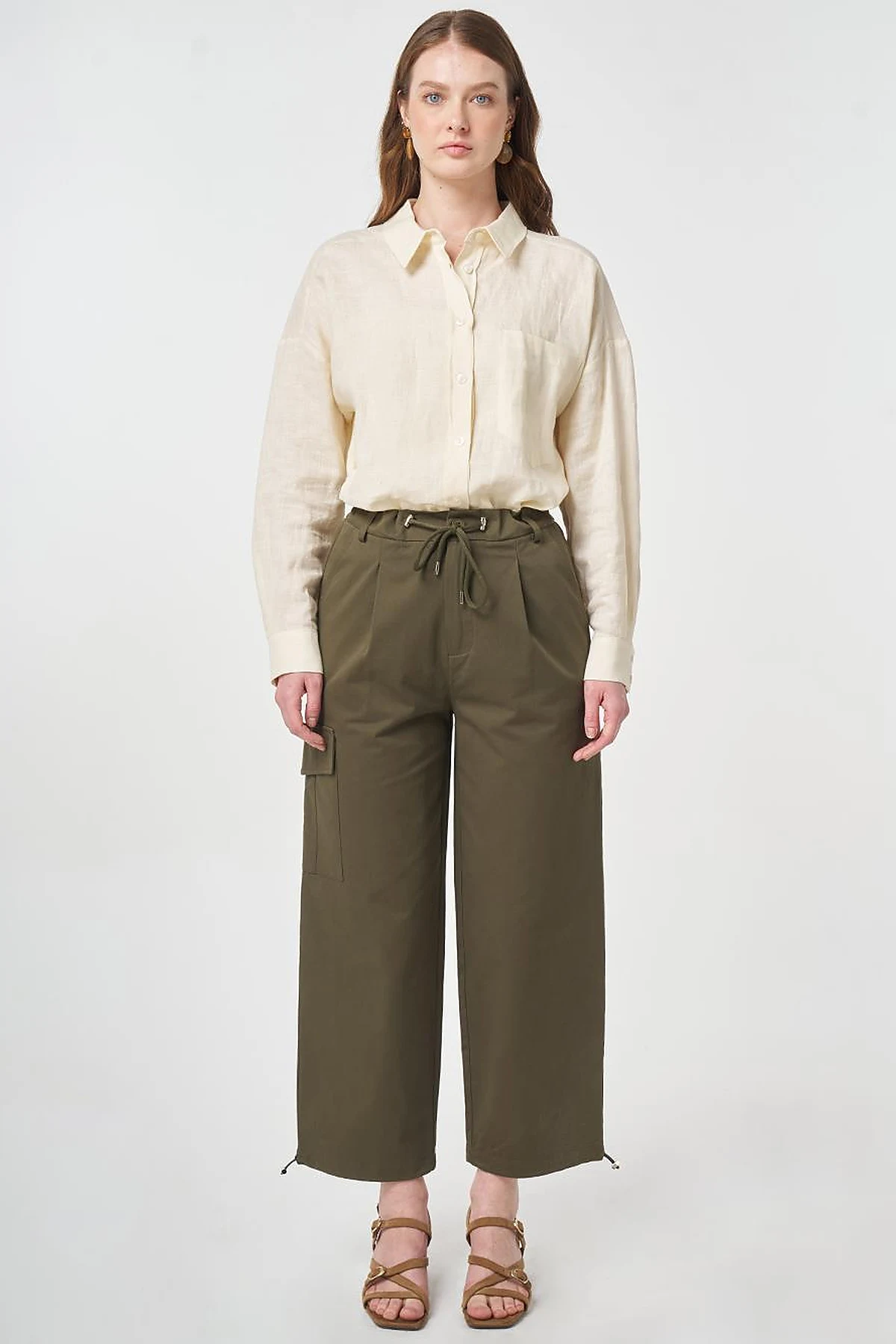 High-Waist Cargo Pocket Trousers Dark Khaki