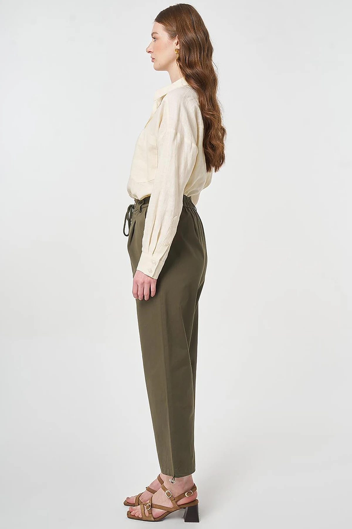 High-Waist Cargo Pocket Trousers Dark Khaki
