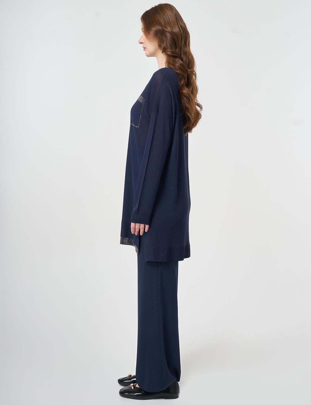 Hotfix Printed Knitted Tunic Dark Navy