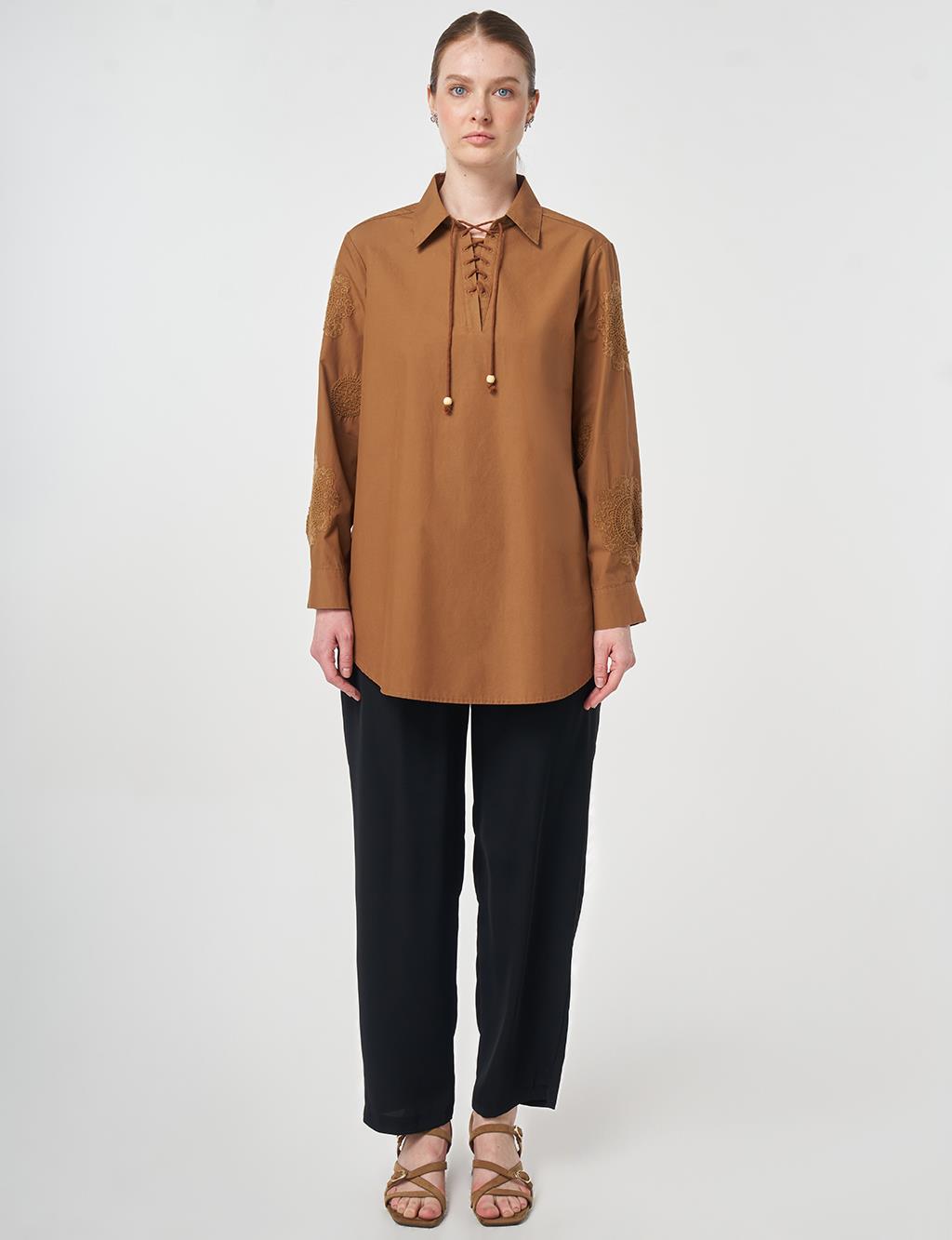 100% Cotton Lace-up Tunic Brown