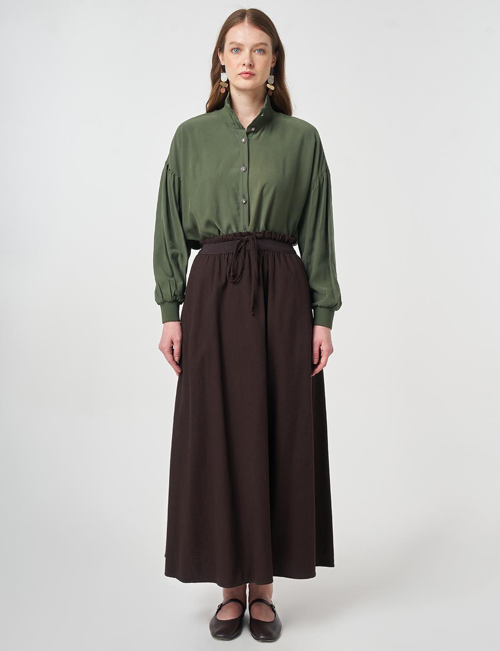 Elastic-Waist Denim Skirt Dark Brown