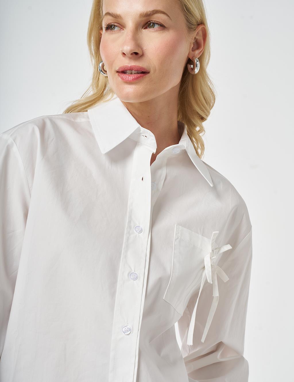 Fırfır Yaka Pamuklu Bluz Optik Beyaz 