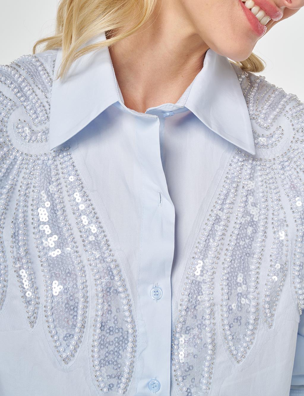 100% Cotton Sequin and Pearl Embellished Tunic Blue