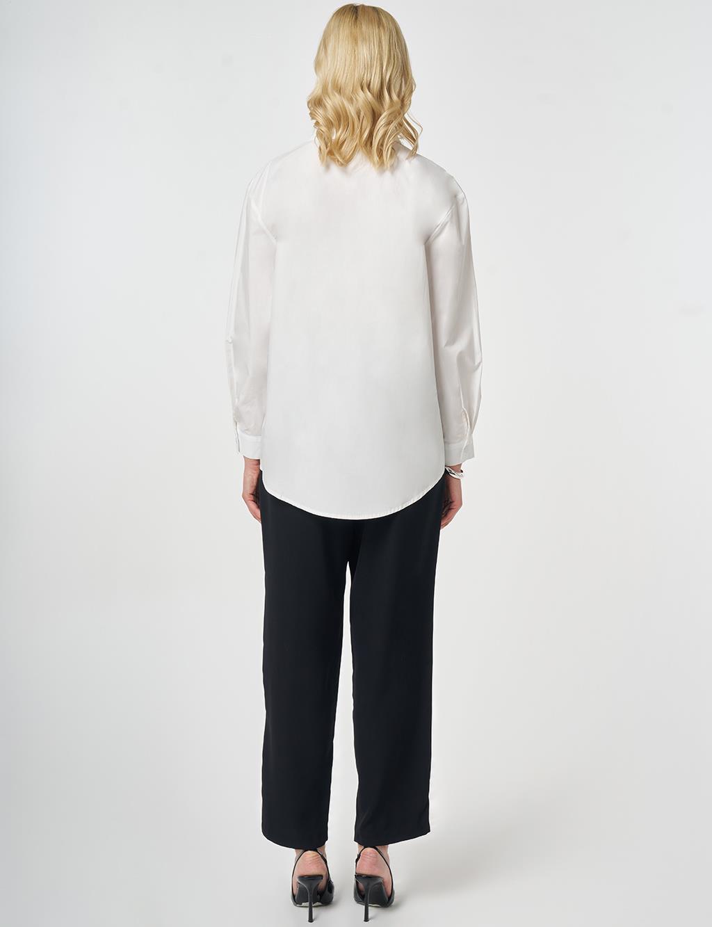 Fırfır Yaka Pamuklu Bluz Optik Beyaz 