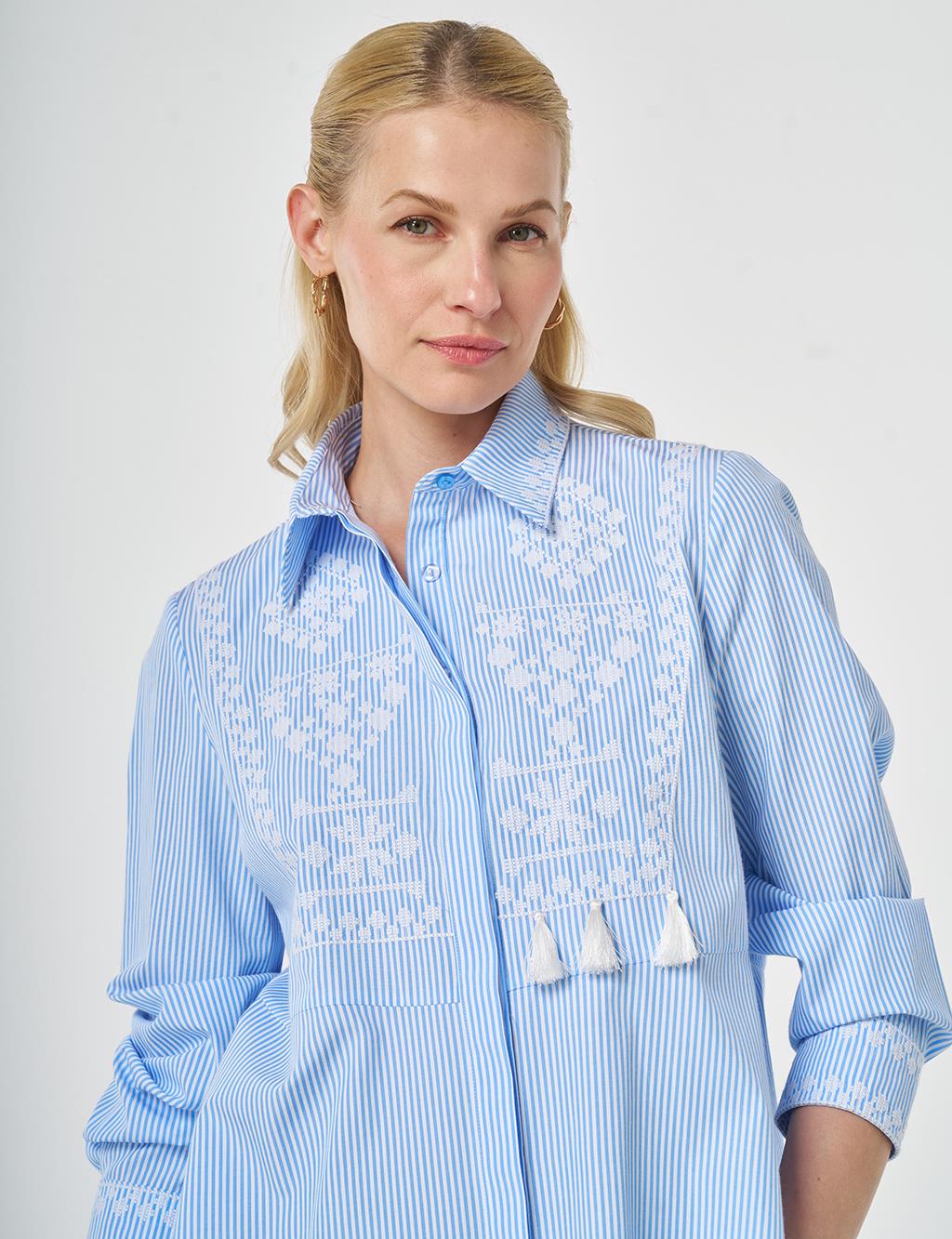 Ethnic Pattern Cotton Blouse Blue