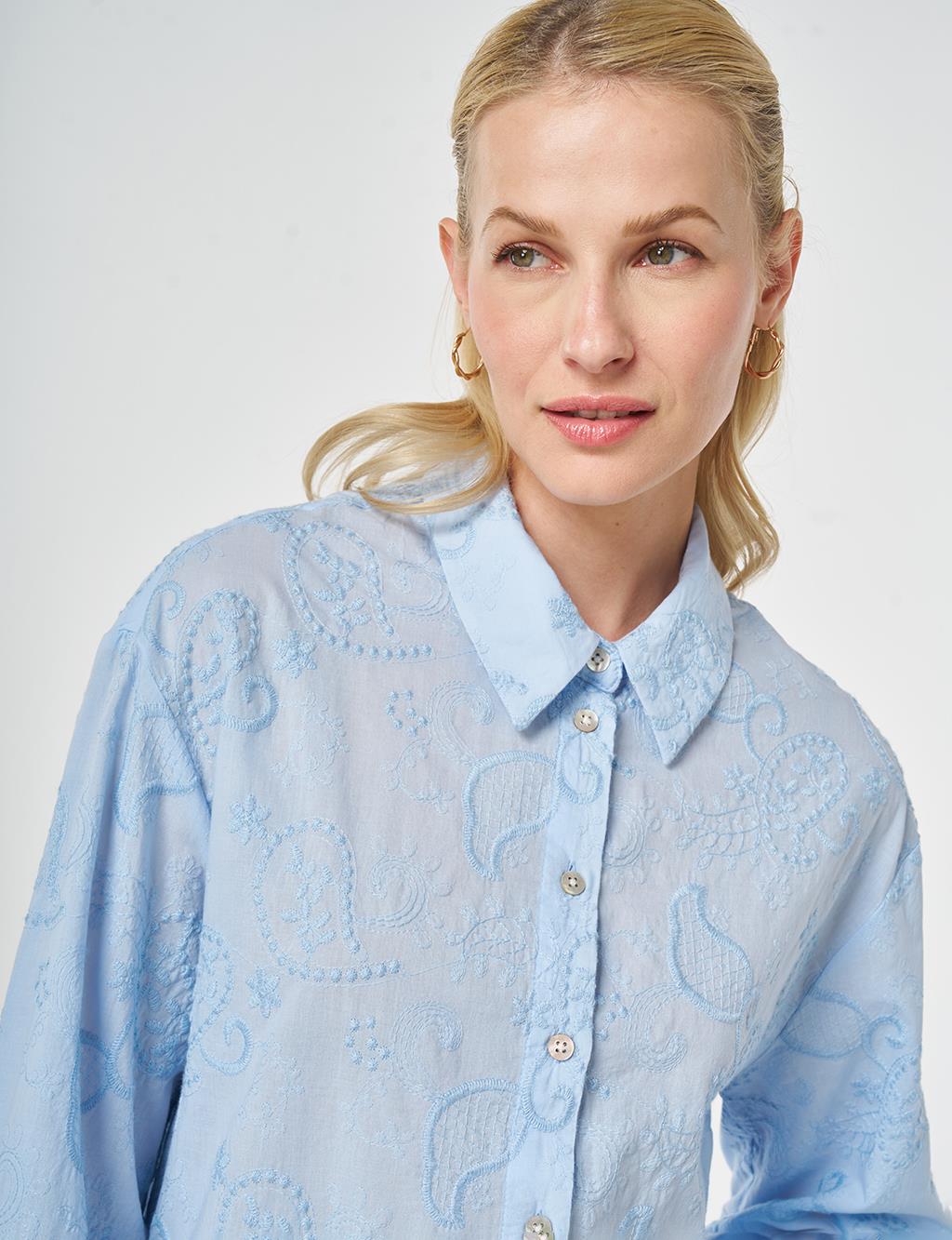 %100 Pamuklu Floral İşlemeli Tunik Ekru