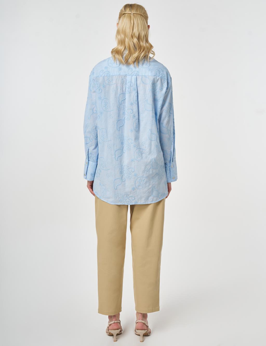 %100 Pamuklu Floral İşlemeli Tunik Ekru