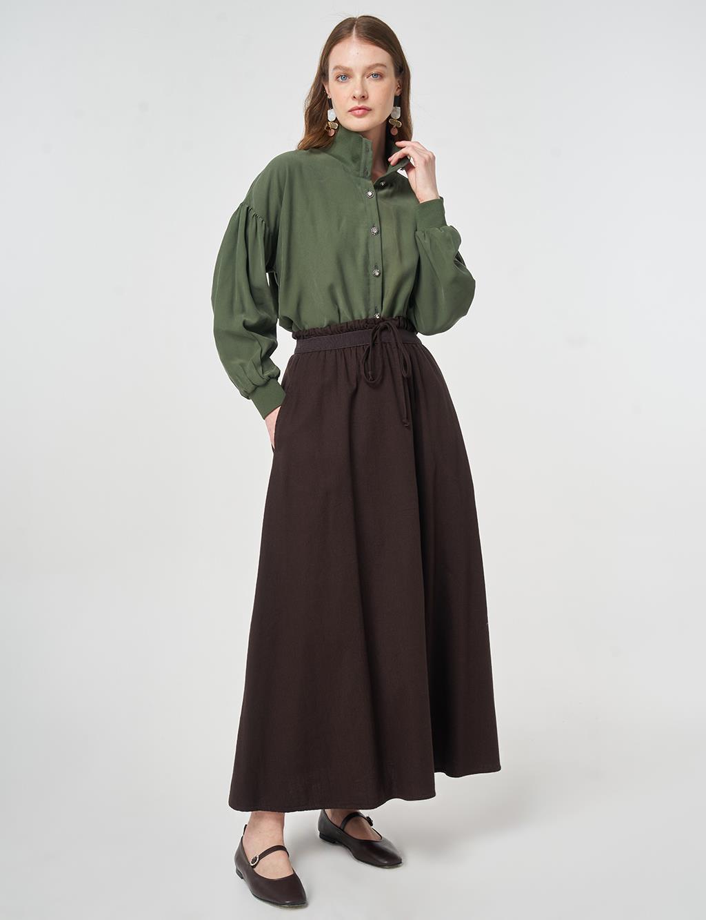 Elastic-Waist Denim Skirt Dark Brown
