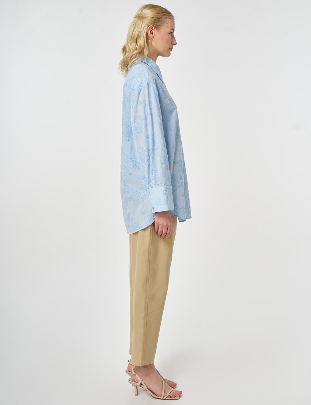 %100 Pamuklu Floral İşlemeli Tunik Ekru