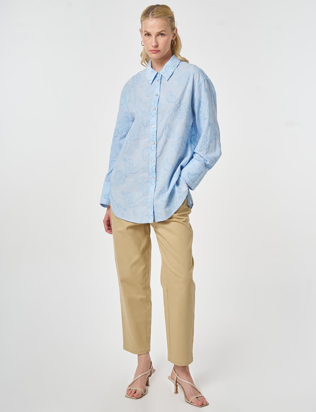 %100 Pamuklu Floral İşlemeli Tunik Ekru