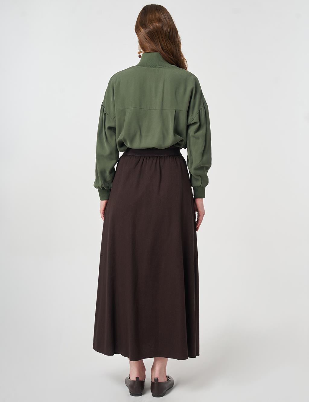 Elastic-Waist Denim Skirt Dark Brown