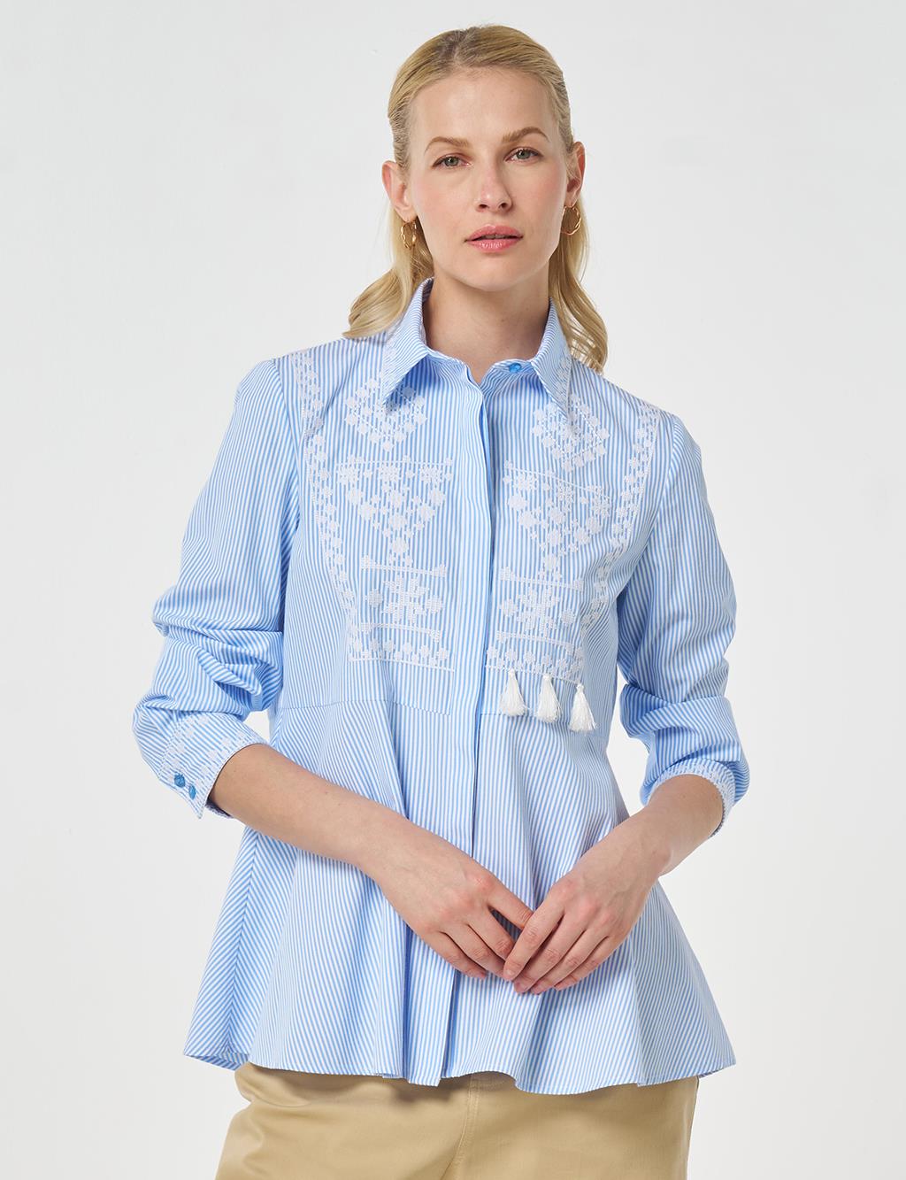 Ethnic Pattern Cotton Blouse Blue