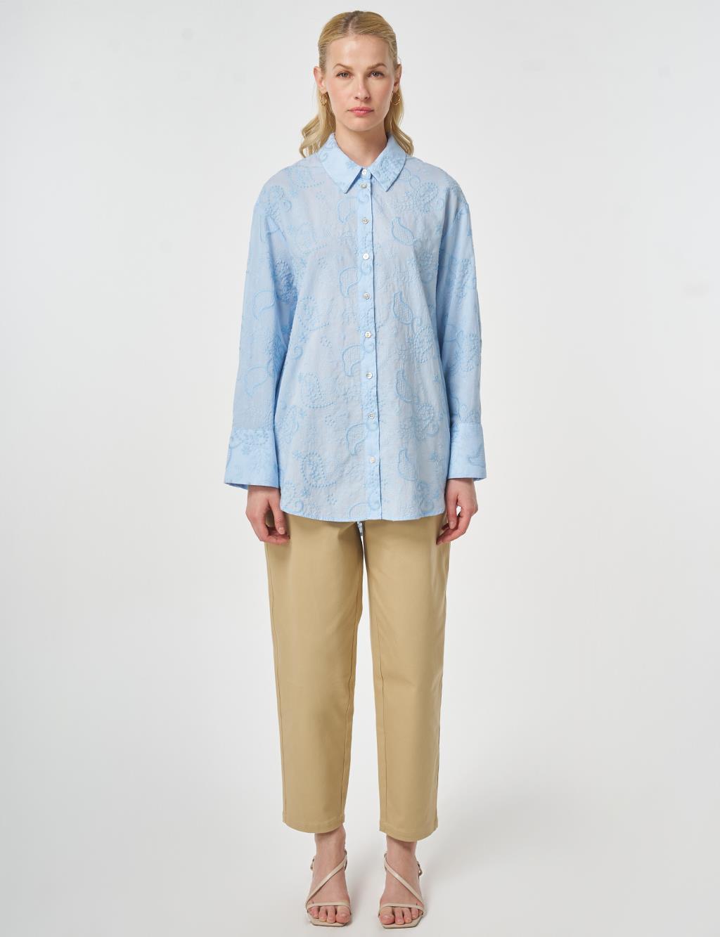 %100 Pamuklu Floral İşlemeli Tunik Ekru