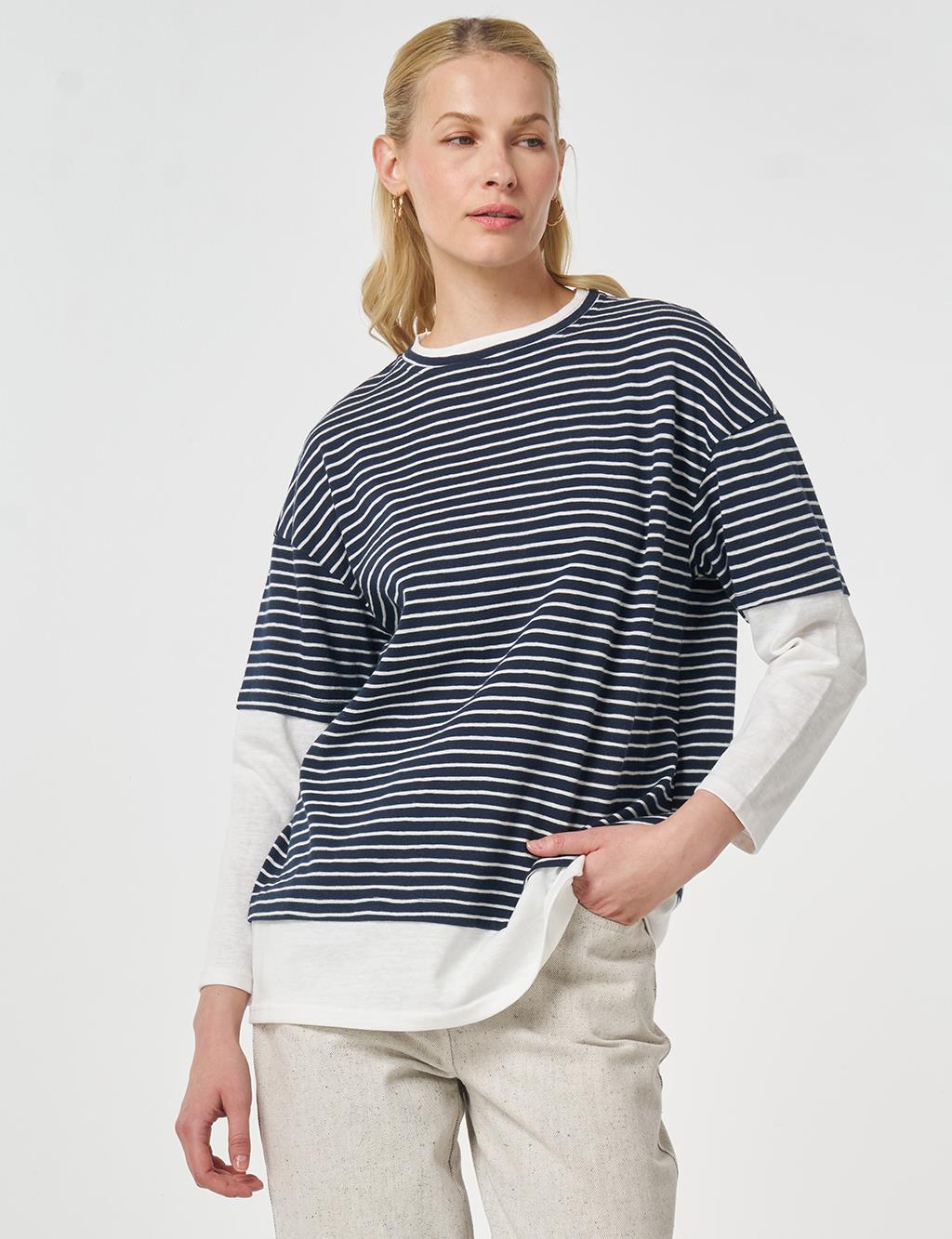 Striped Cotton Sweatshirt Dark Navy