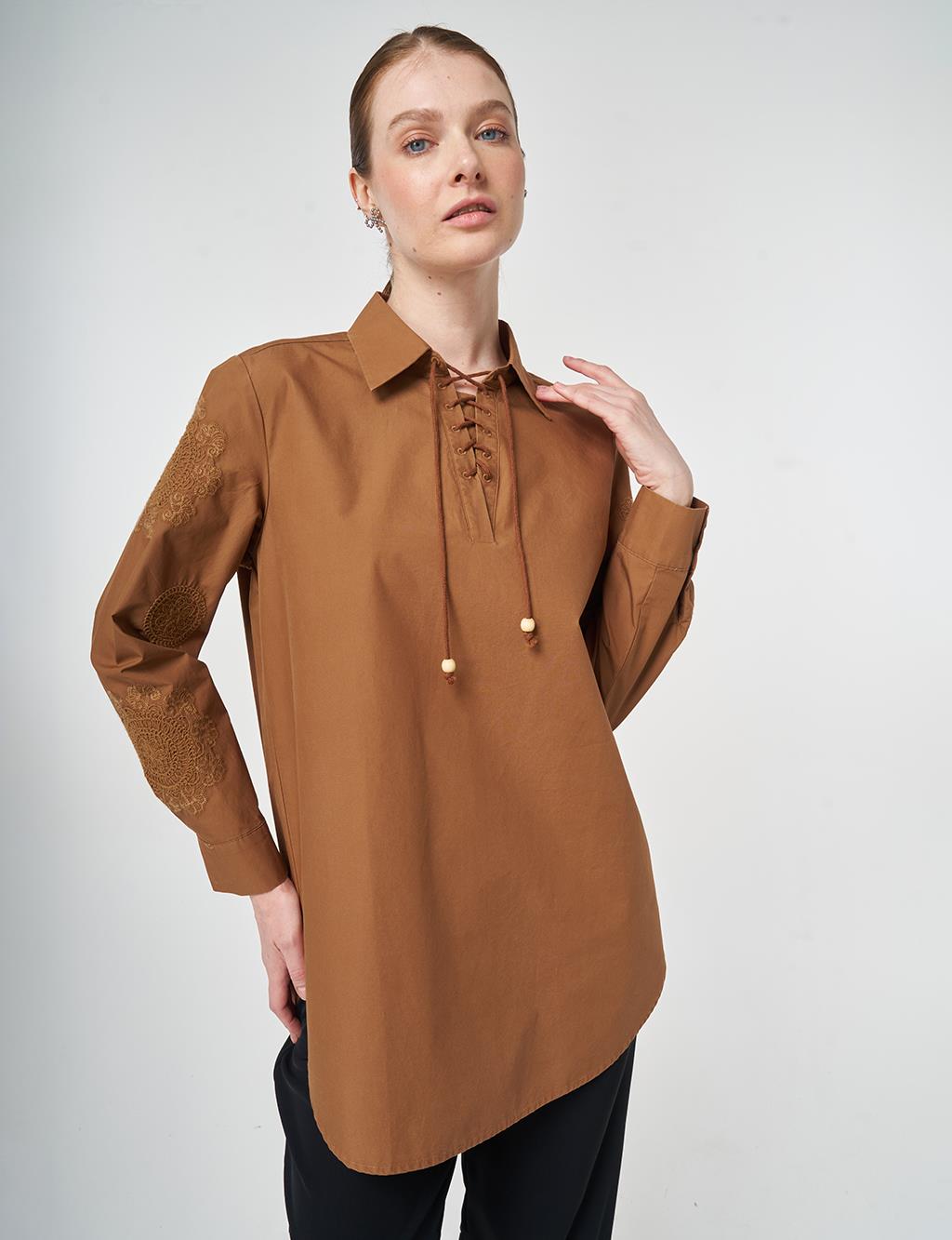 100% Cotton Lace-up Tunic Brown