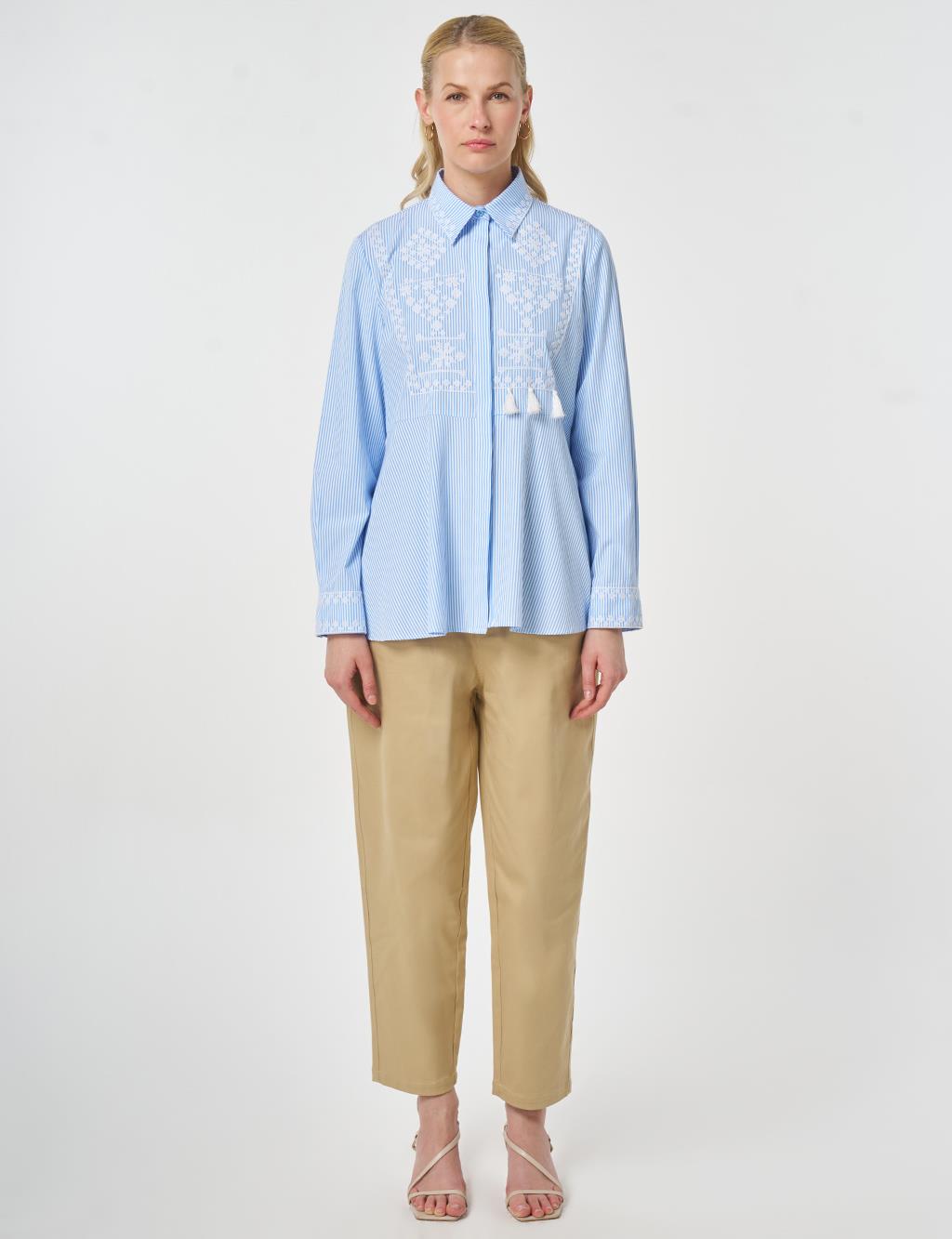 Ethnic Pattern Cotton Blouse Blue