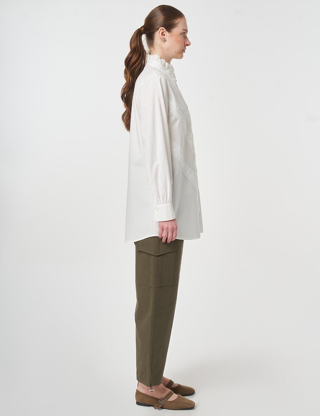 Fırfır Yaka Pamuklu Bluz Ten 