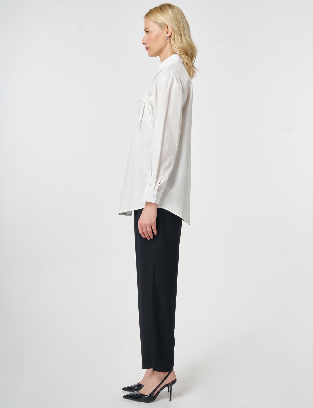 Fırfır Yaka Pamuklu Bluz Optik Beyaz 