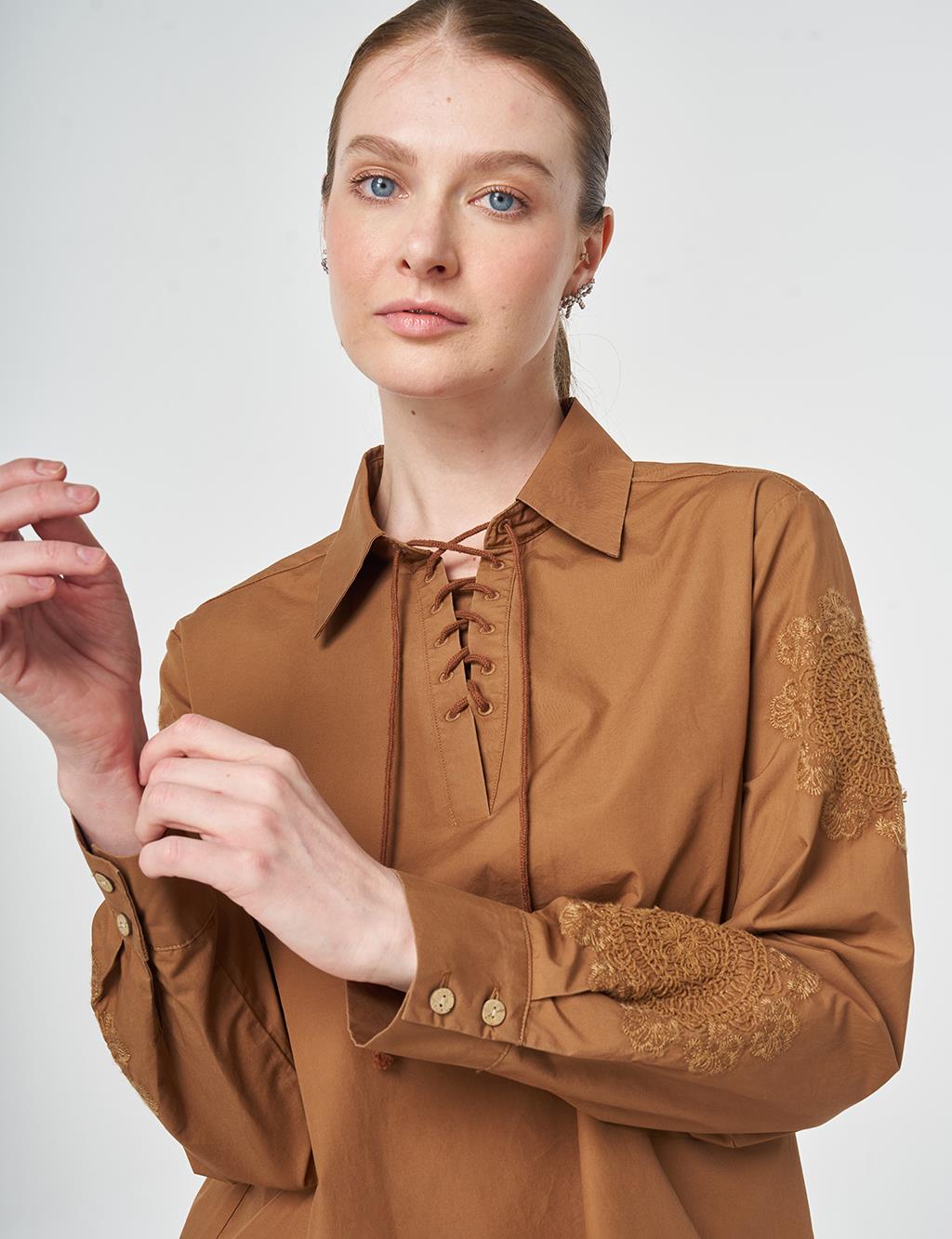 100% Cotton Lace-up Tunic Brown