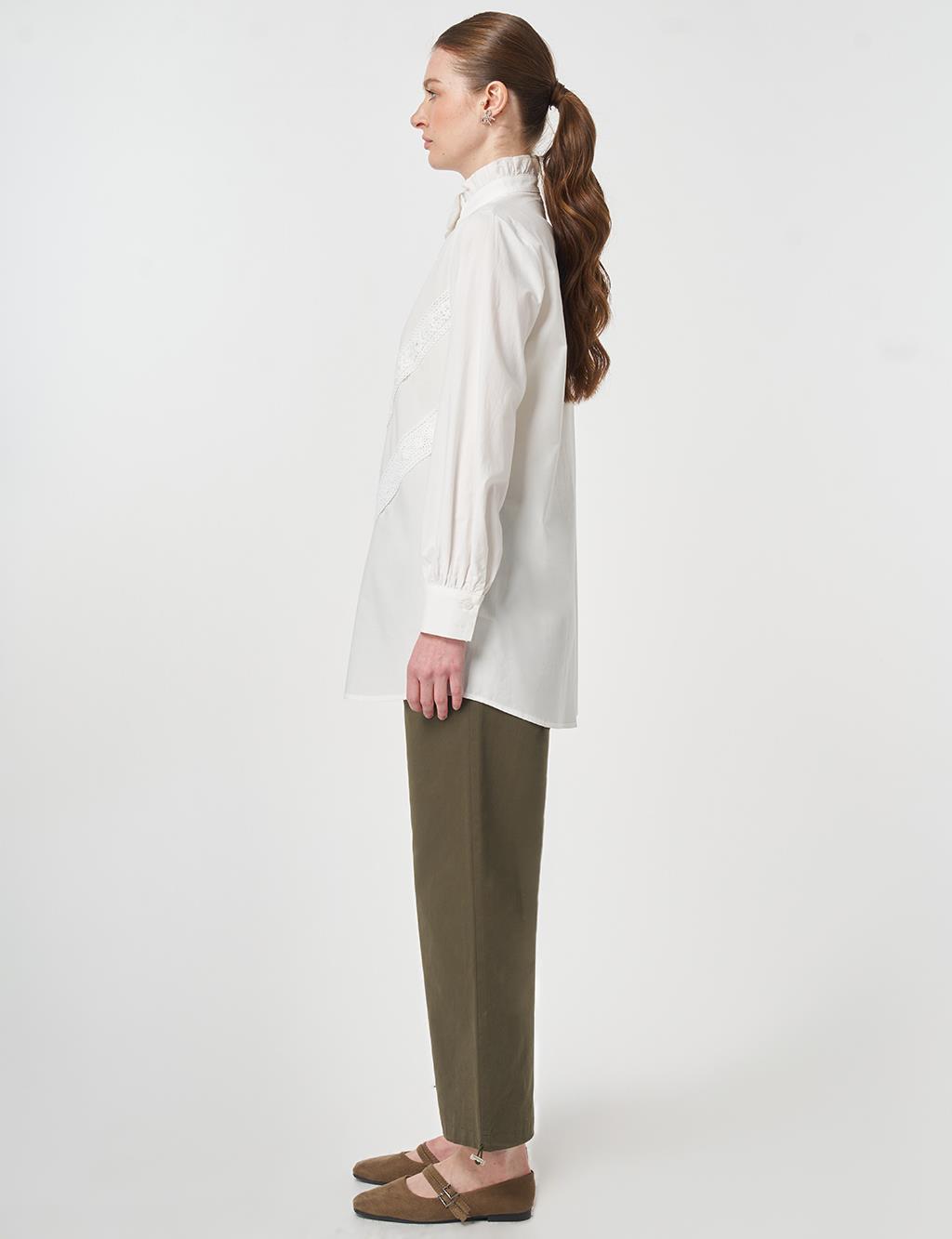 Fırfır Yaka Pamuklu Bluz Ten 