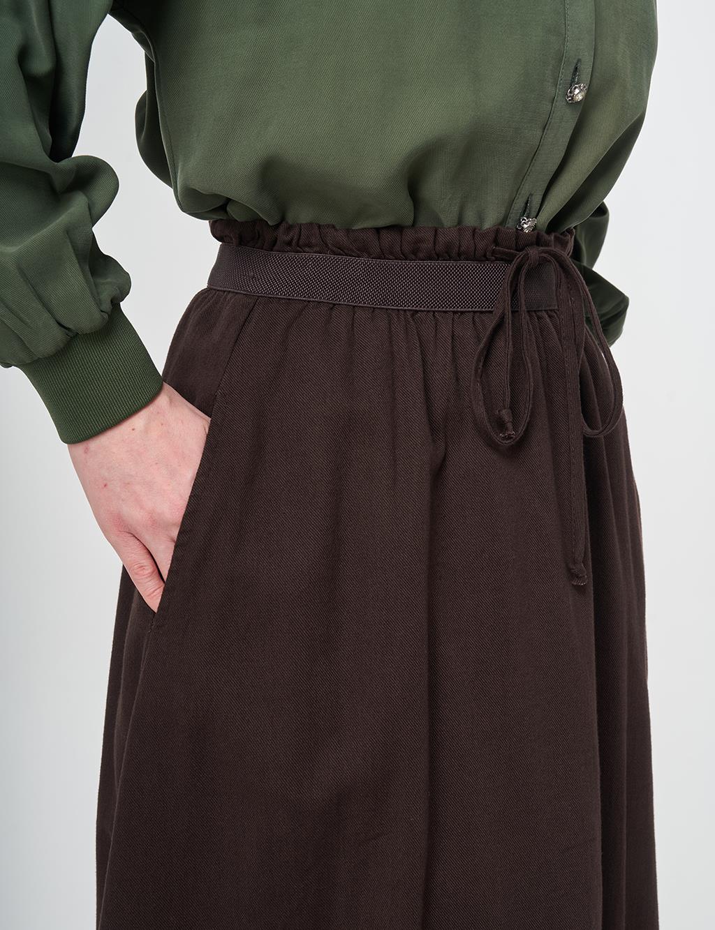 Elastic-Waist Denim Skirt Dark Brown