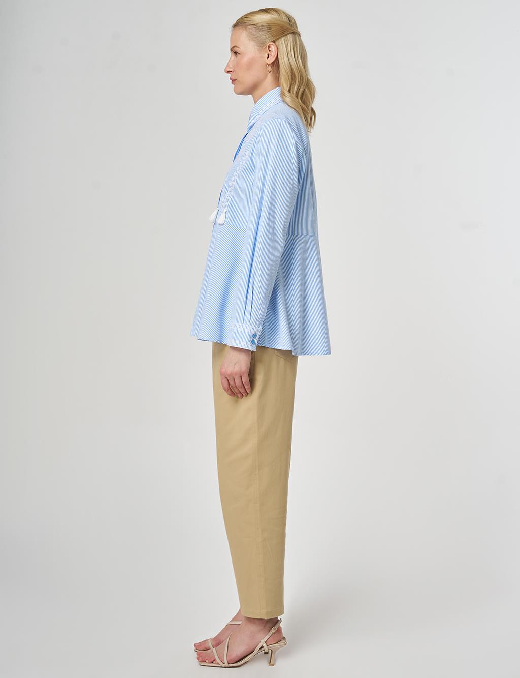 Ethnic Pattern Cotton Blouse Blue