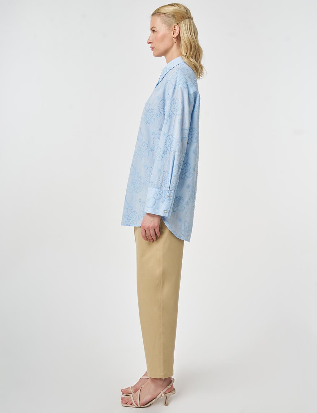 %100 Pamuklu Floral İşlemeli Tunik Ekru