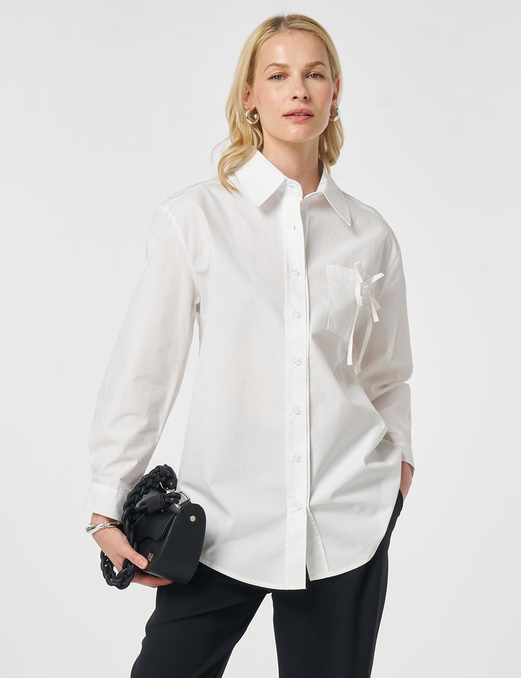 Fırfır Yaka Pamuklu Bluz Optik Beyaz 