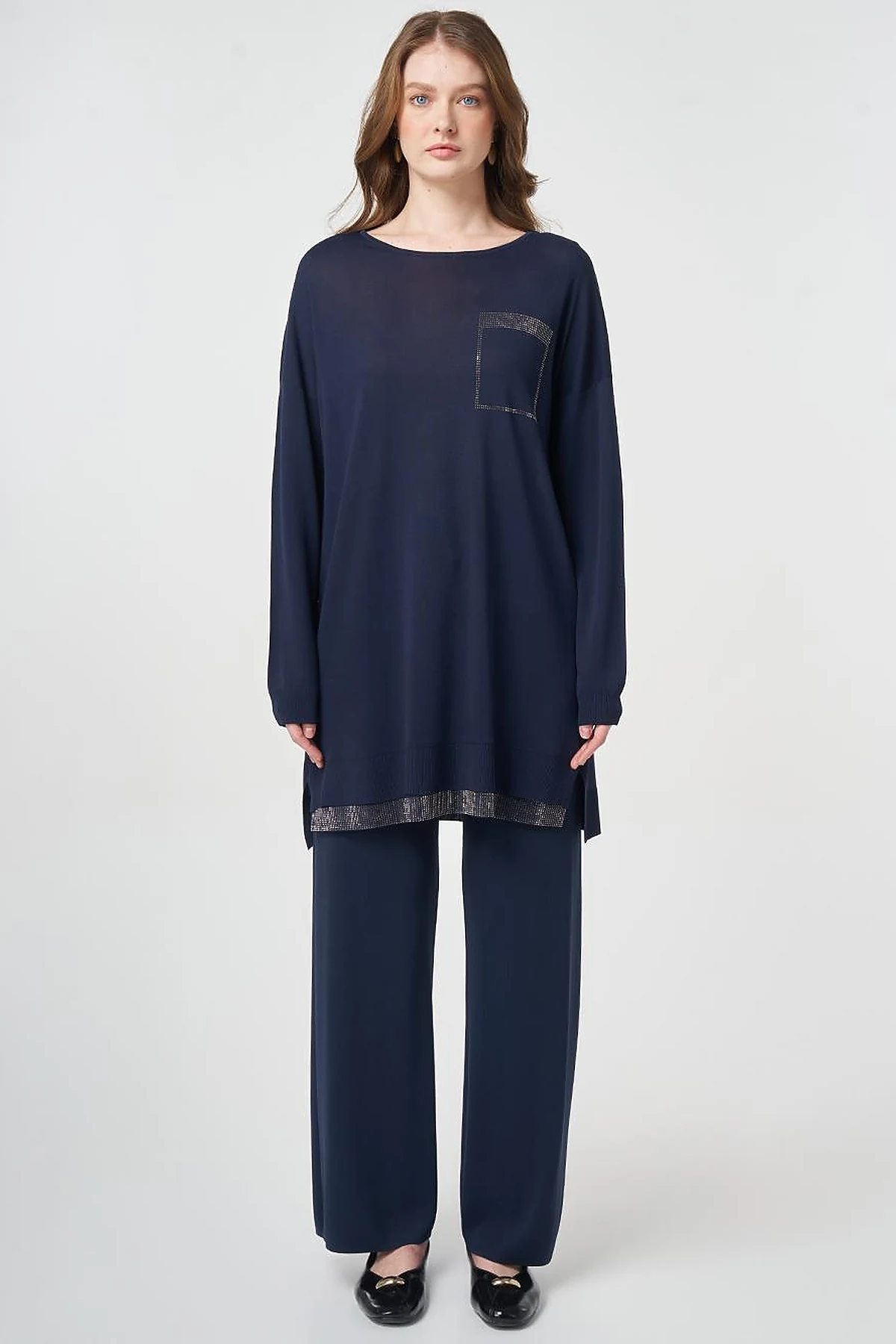 Hotfix Printed Knitted Tunic Dark Navy
