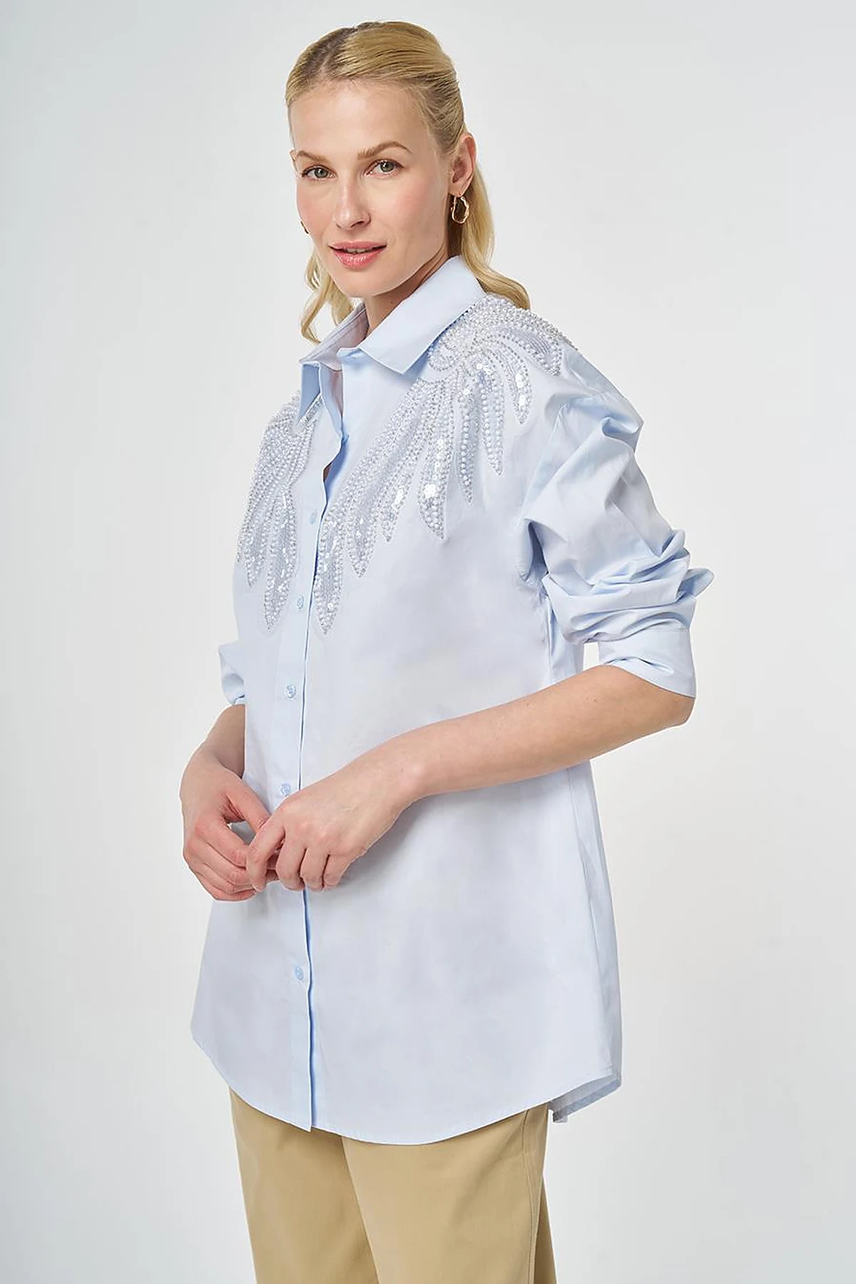 100% Cotton Sequin and Pearl Embellished Tunic Blue