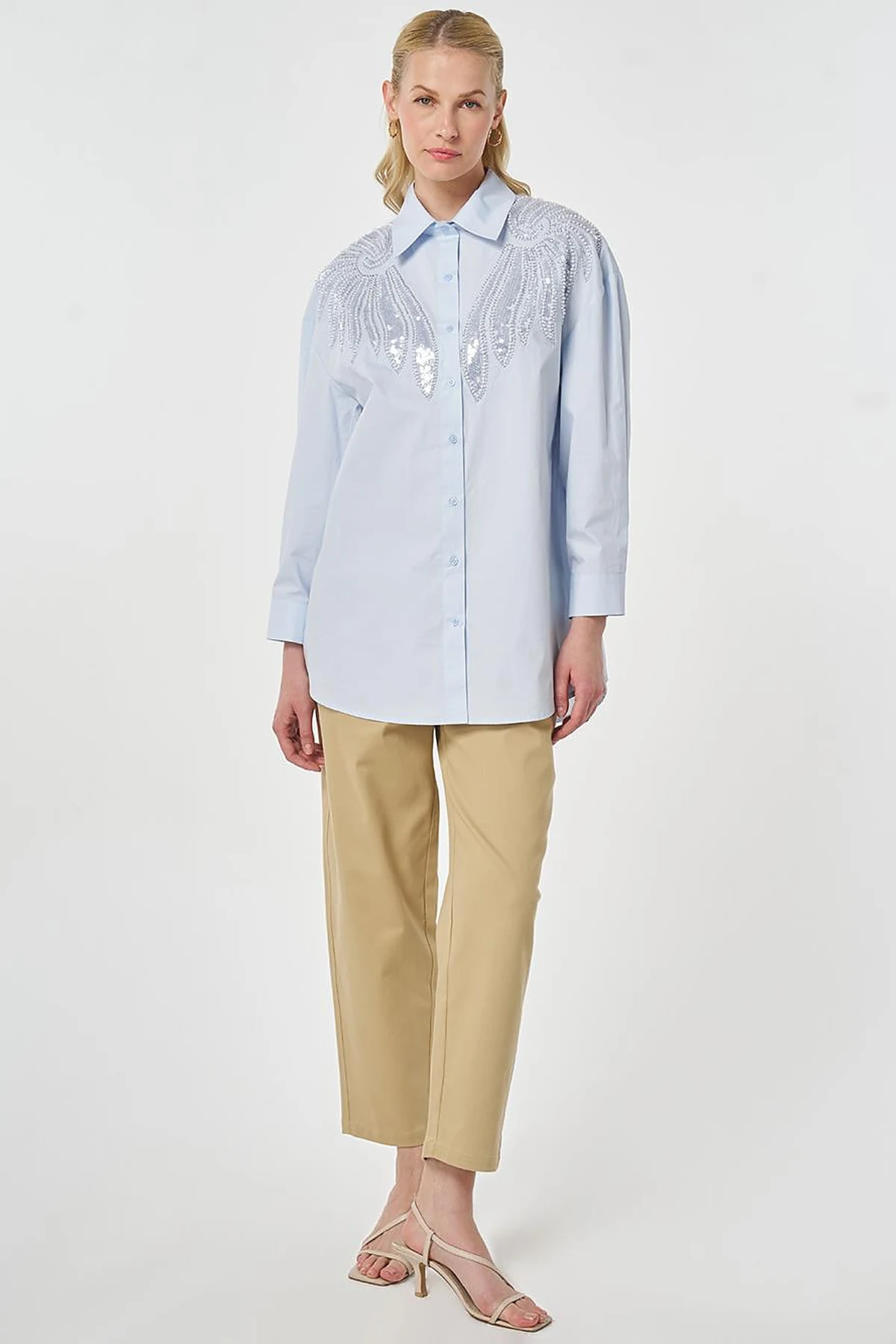 100% Cotton Sequin and Pearl Embellished Tunic Blue