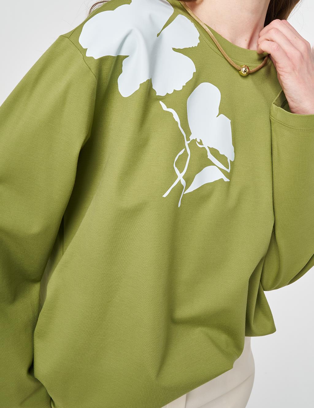 Printed Detail Knit Sweatshirt Matcha Green