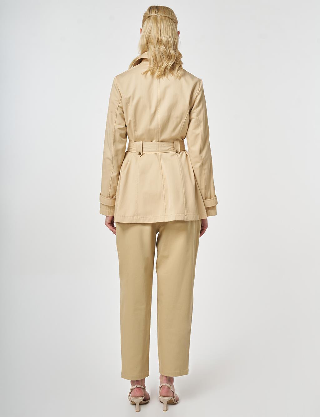 Kuşaklı Kısa Trençkot Açık Sarı