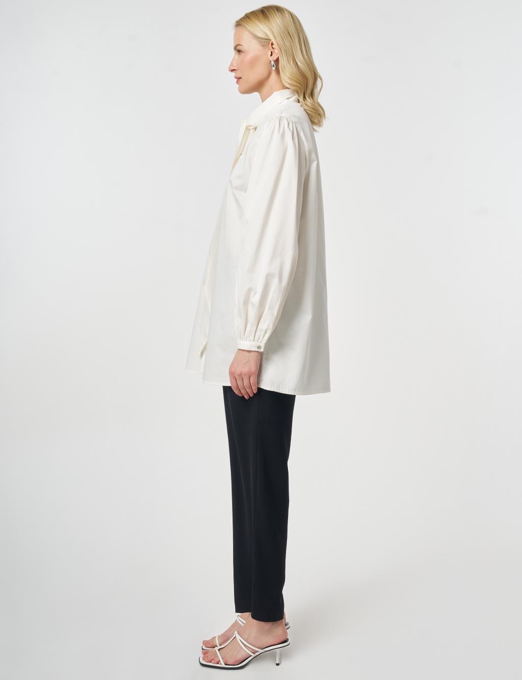%100 Pamuklu Şal Yaka Tunik Ekru
