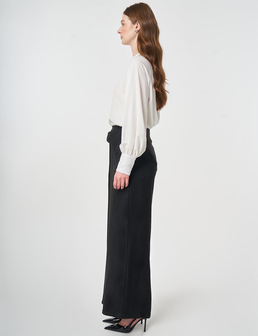 Waist-Detail Modal Trousers, Black