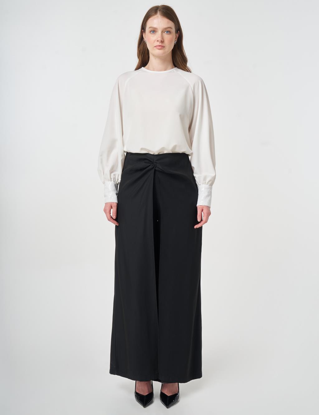 Waist-Detail Modal Trousers, Black
