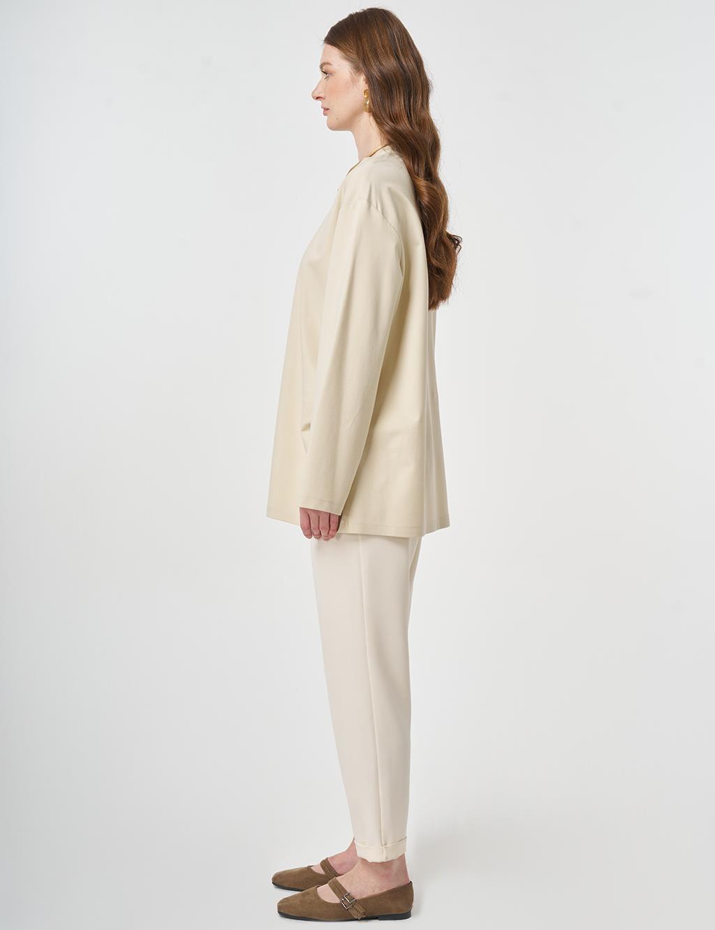 Printed Detail Knit Sweatshirt Cream