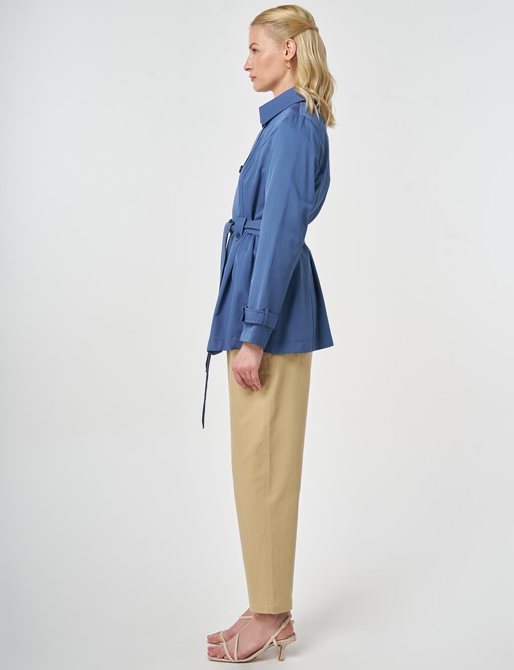 Kuşaklı Kısa Trençkot İndigo