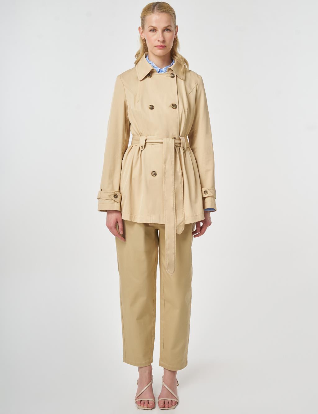 Kuşaklı Kısa Trençkot Açık Sarı