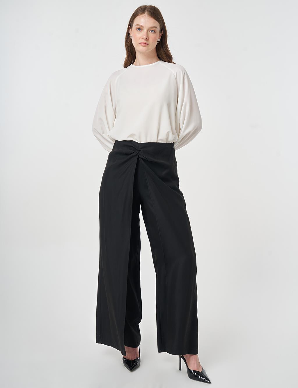 Waist-Detail Modal Trousers, Black