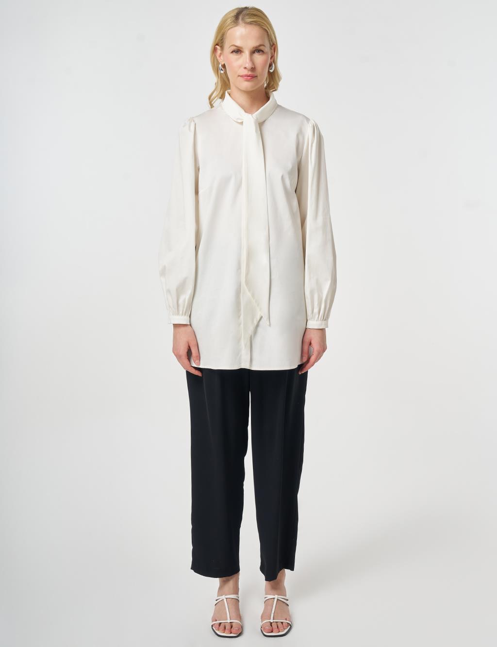 %100 Pamuklu Şal Yaka Tunik Ekru