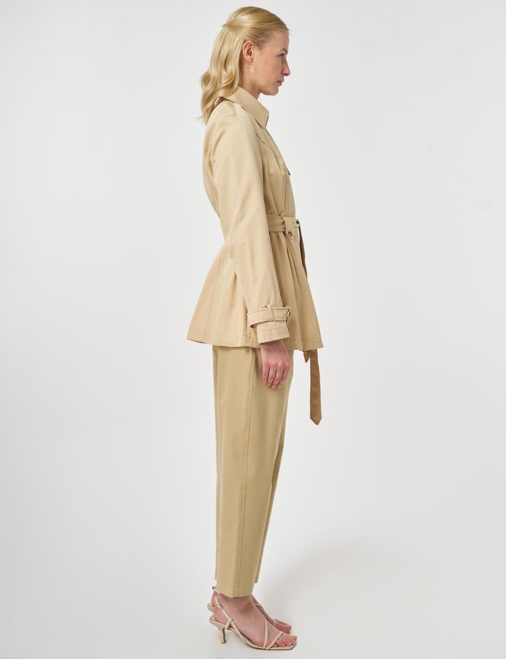 Kuşaklı Kısa Trençkot Açık Sarı